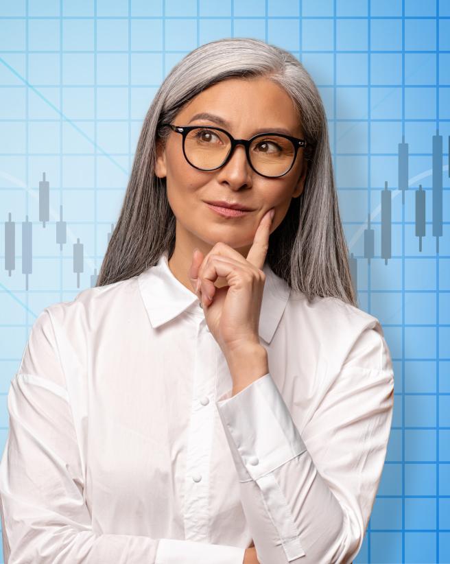 woman thinking in front of a graph