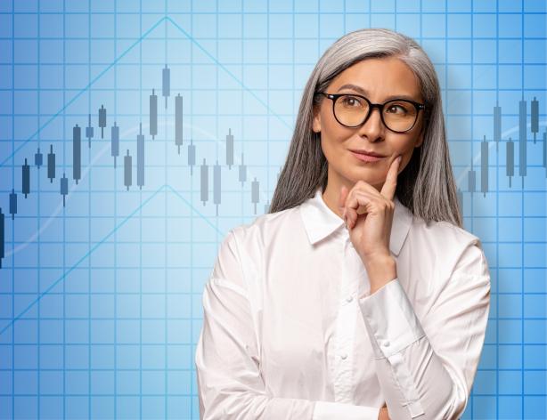 woman thinking in front of a graph