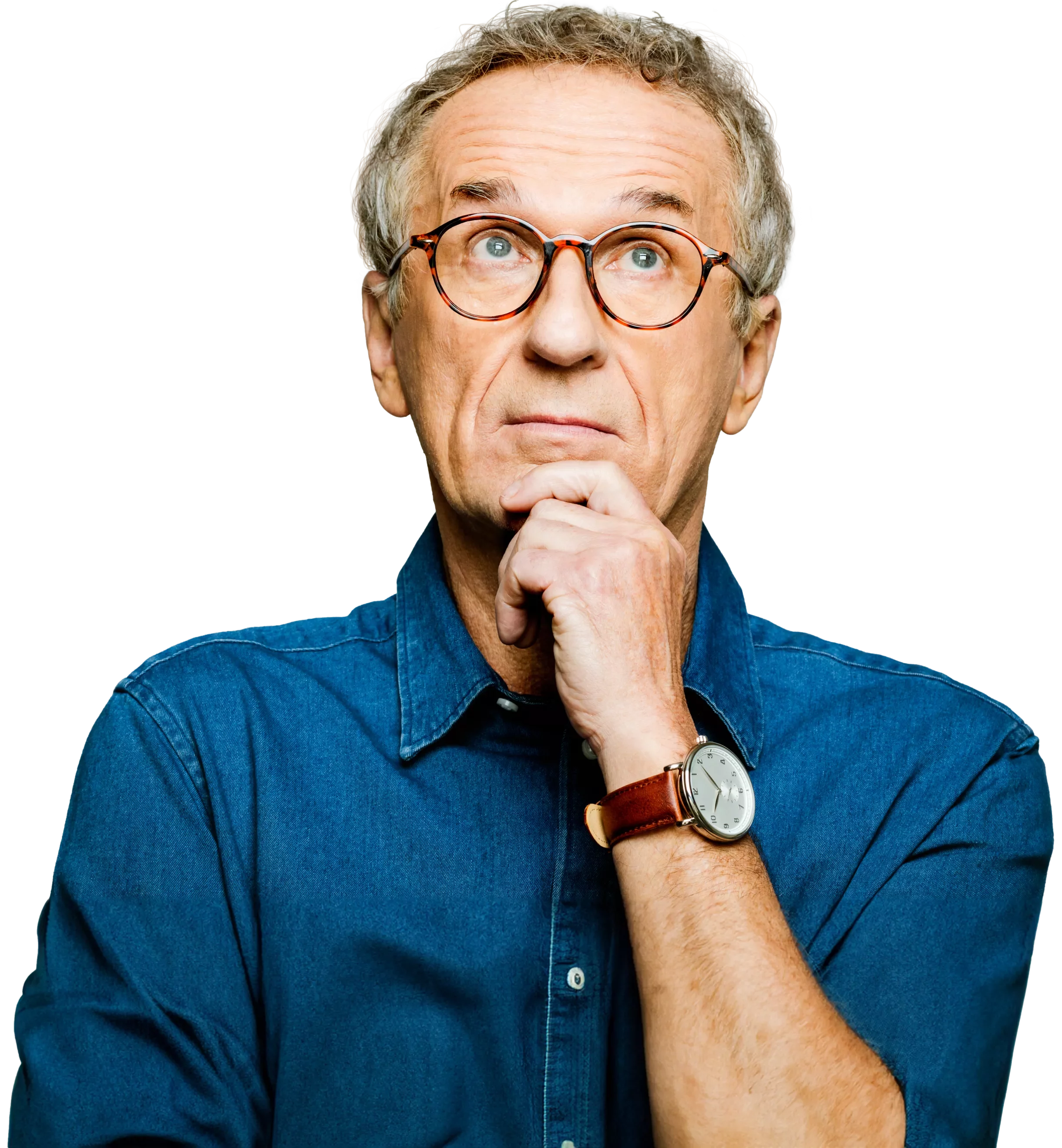 A man in glasses. He is looking up with his hand on his chin as though thinking.