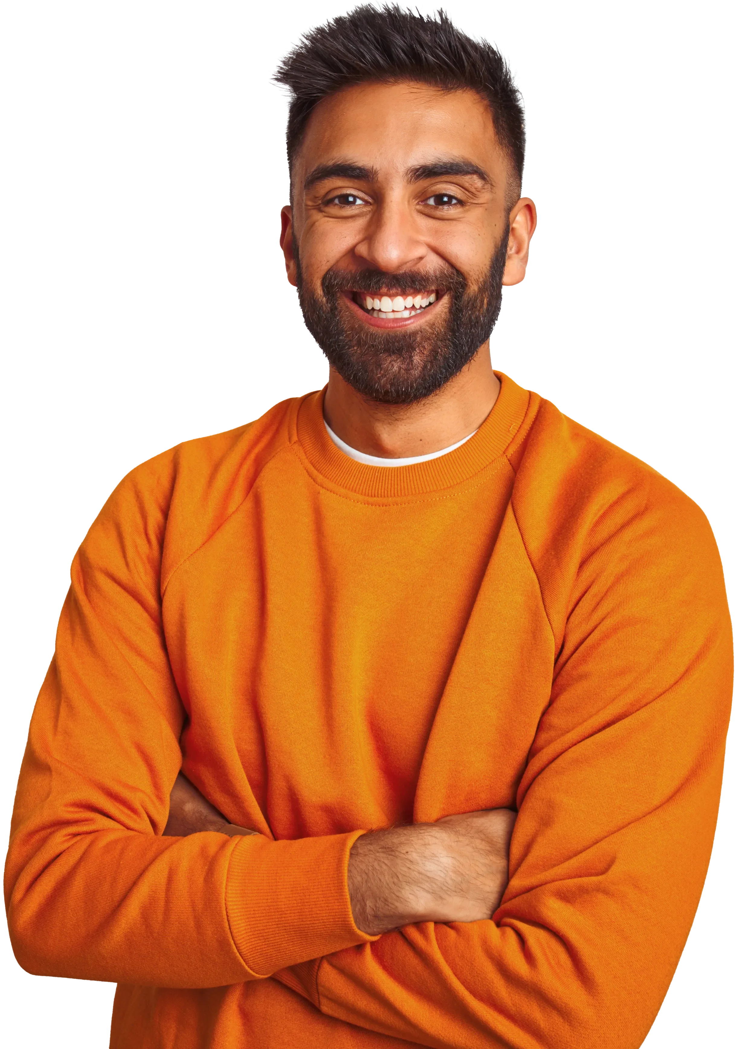 man in orange sweatshirt